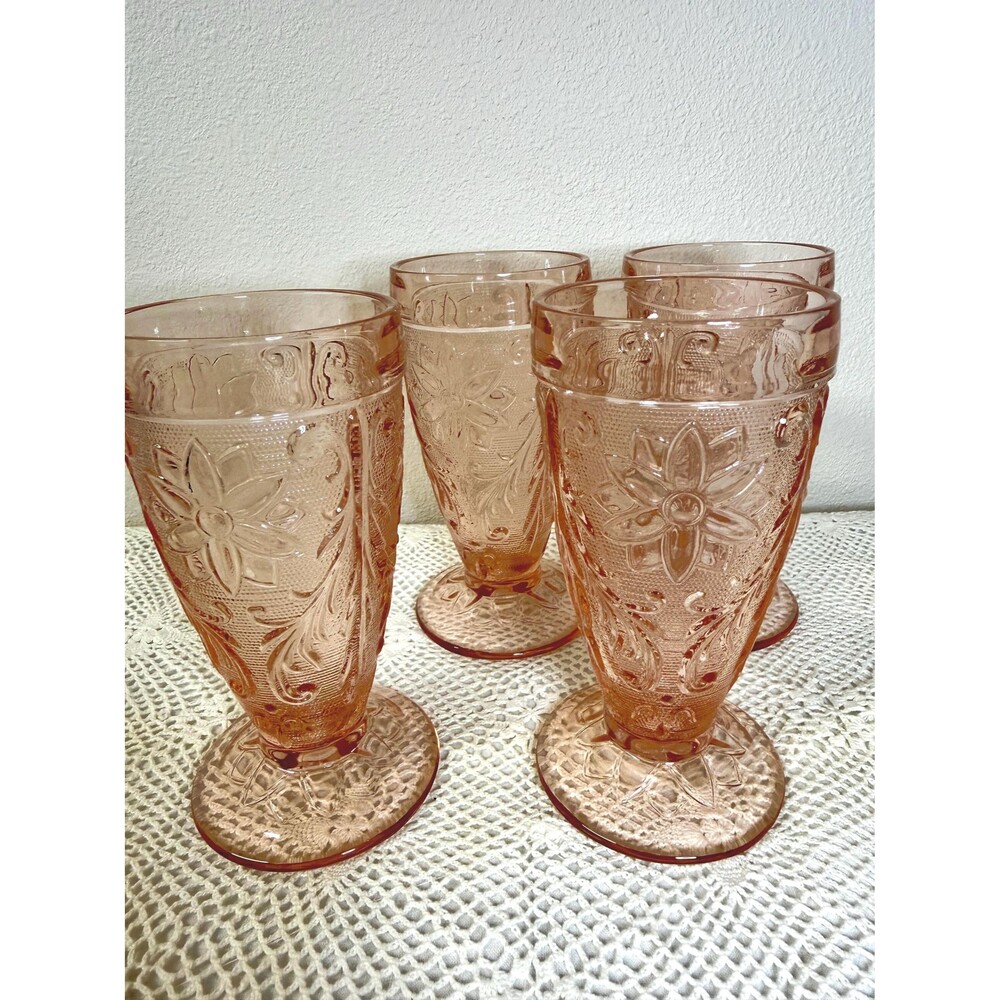 Vintage Indiana Glass Tiara Sandwich Pink Footed Iced Tea Glasses Set of Four